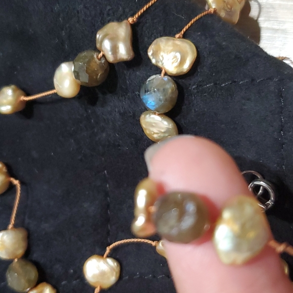 Labradorite Champagne Pearl Beads Sterling Silver Clasp Long 30" Necklace - Picture 9 of 10